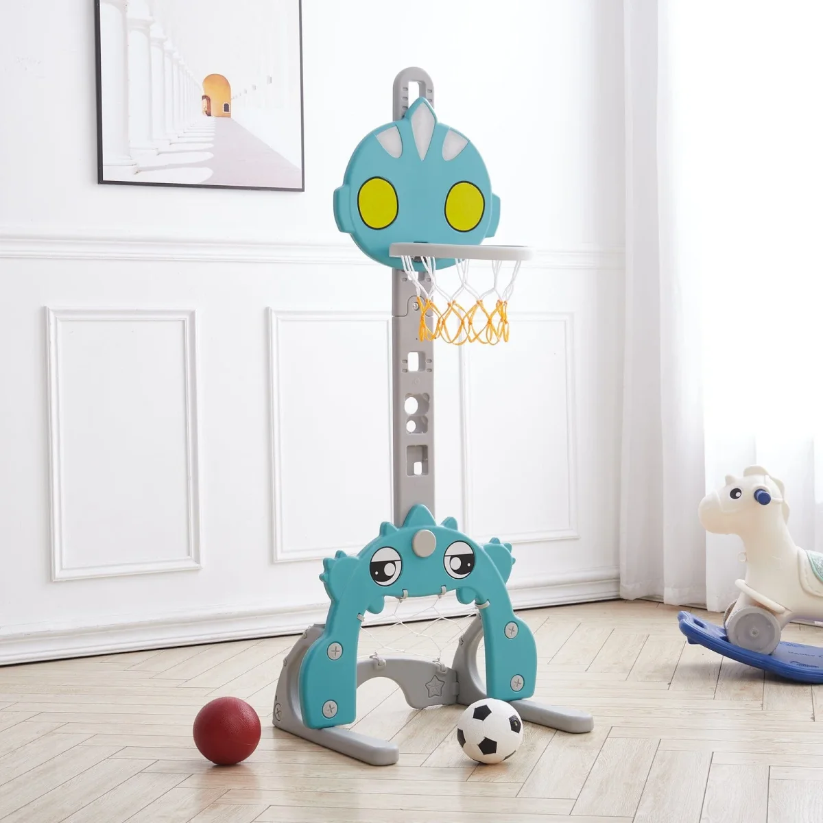 2-in-1 Adjustable Kids Basketball Hoop with Football Goal - Image 8